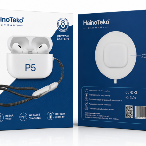 Premium HainoTeko P5 wireless earbuds with charging case, wireless charging support, and modern blue branding.