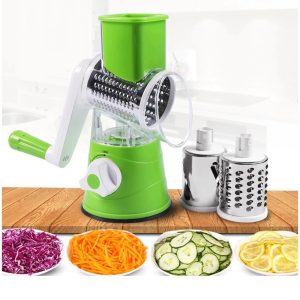 Manual Tabletop Drum Vegetable Cutter & Grater – 3 Blade Slicer, Shredder & Grinder | Safe Hand-Crank Stainless Steel Kitchen Tool