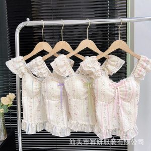 Women Floral Lace Corset Crop Top with Ruffle Sleeves & Bow