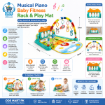 Musical Piano Baby Fitness Rack & Play Mat featuring a vibrant play mat, detachable piano, and colorful hanging toys, designed for infant development and sensory play.