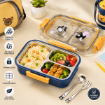 Premium stainless steel bento lunch box with 3 compartments, transparent lid, and cartoon design for kids.