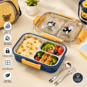 Premium stainless steel bento lunch box with 3 compartments, transparent lid, and cartoon design for kids.