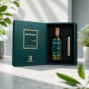 BHARARA King Eau De Parfum luxury perfume gift set for men with travel atomizer on fresh marble background