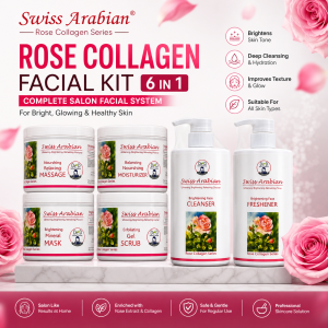 Swiss Arabian Rose Collagen Facial Kit 6 in 1 with cleanser, scrub, massage cream, mask, toner and moisturizer for brightening and glowing skin