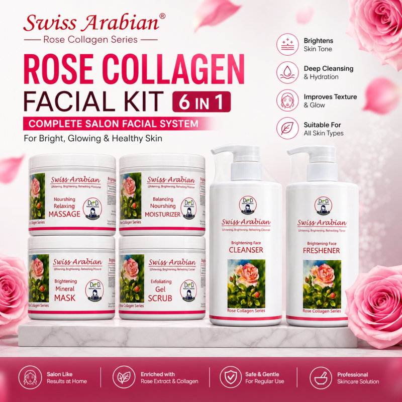 Swiss Arabian Rose Collagen Facial Kit 6 in 1 with cleanser, scrub, massage cream, mask, toner and moisturizer for brightening and glowing skin