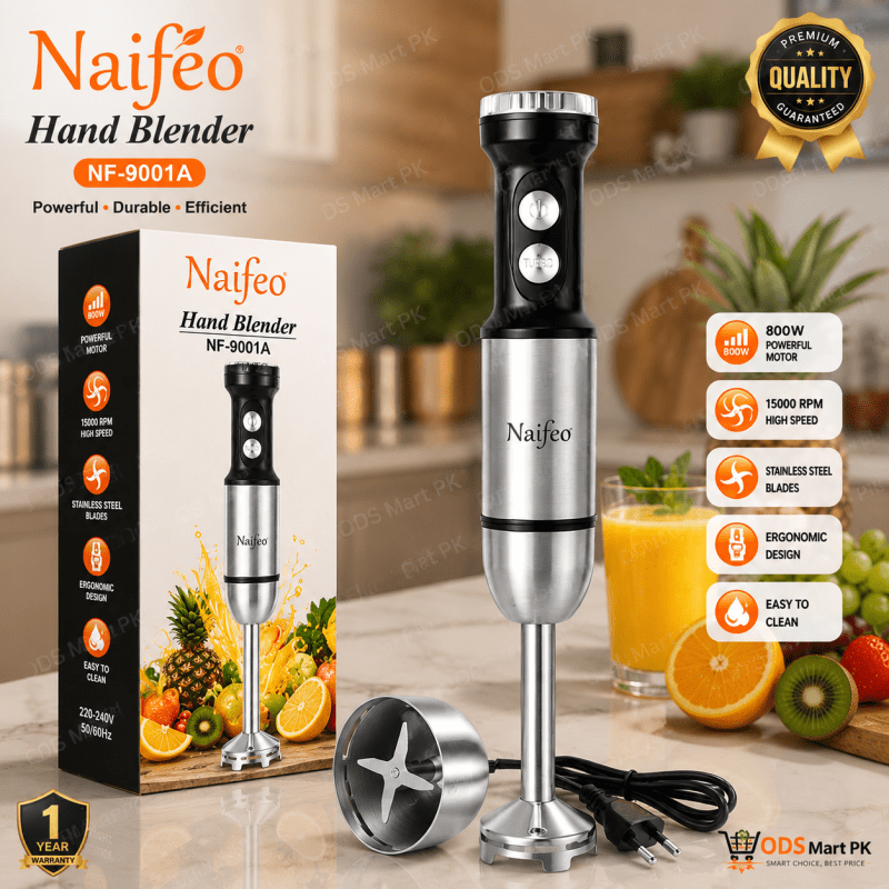 Naifeo Hand Blender NF-9001A 800W Stainless Steel Kitchen Blender Naifeo Hand Blender NF-9001A with retail box packaging, 800W motor, stainless steel blades and ergonomic design for smoothies, soups and food preparation